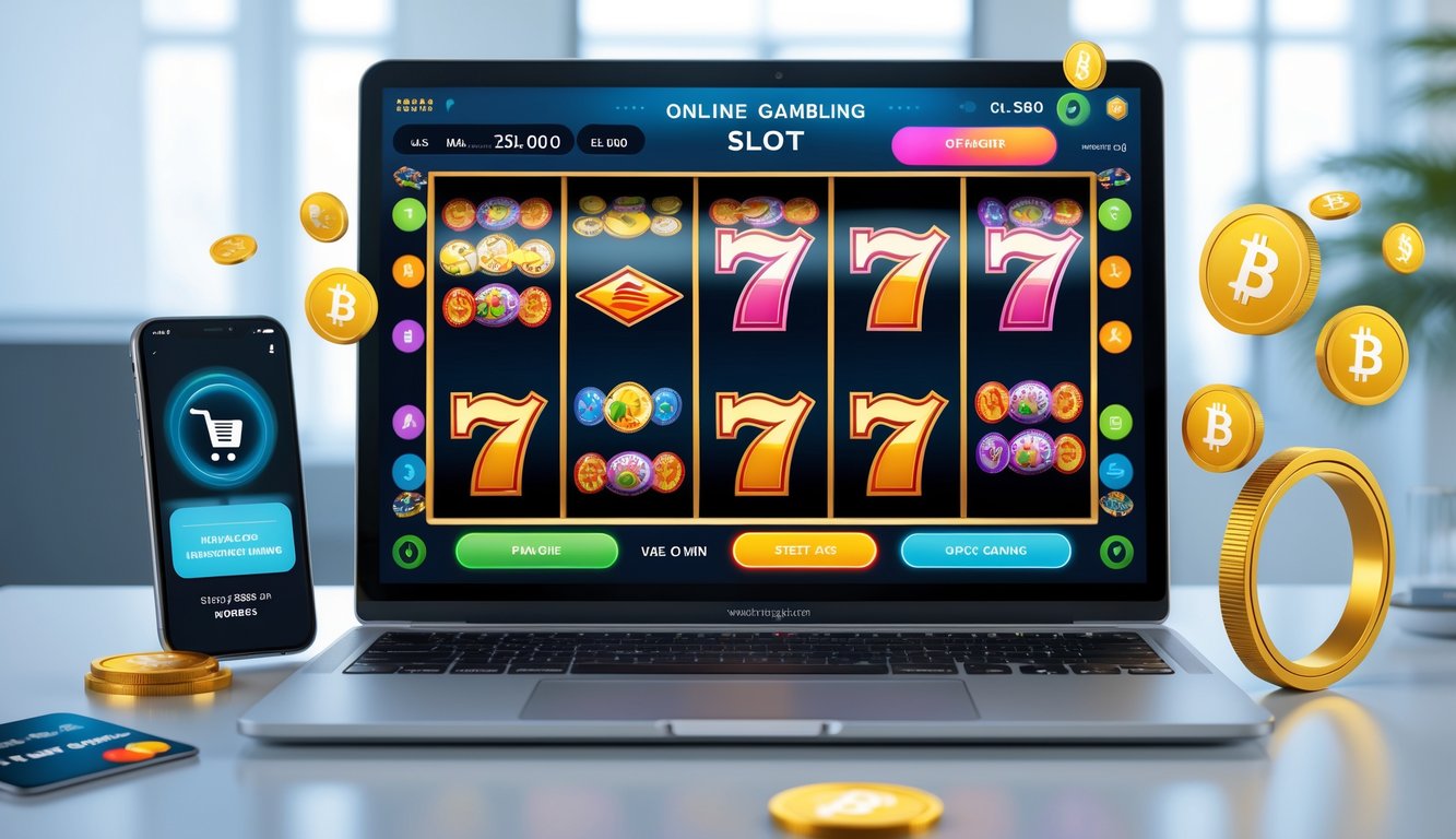 Seorang pengguna sedang bermain slot online di laptop dengan ponsel dan kartu kredit di meja, menunjukkan kemudahan transaksi cepat.