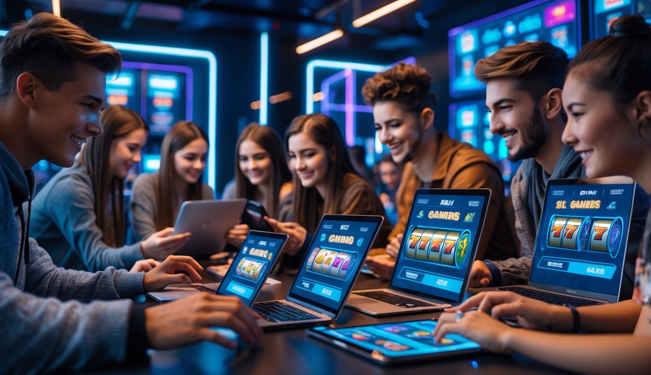 Beberapa orang muda menggunakan perangkat digital dengan tampilan permainan slot online berwarna-warni di layar dalam ruangan modern yang terang.