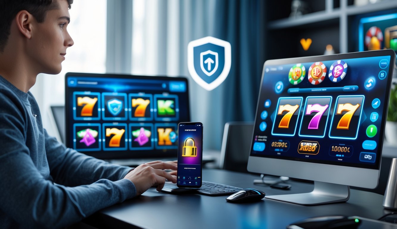 Seseorang duduk di depan laptop dan smartphone yang menampilkan permainan slot online dengan suasana ruangan yang nyaman dan aman.