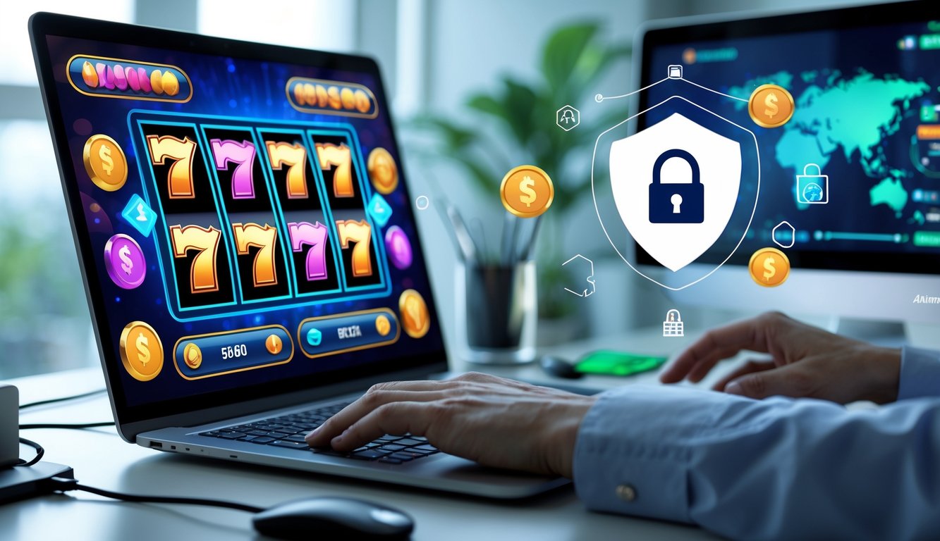 Seorang pengguna sedang bermain permainan slot online di komputer dengan latar belakang yang menunjukkan suasana aman dan terpercaya.