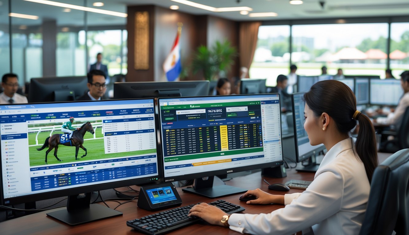 Orang-orang bekerja di kantor modern dengan layar komputer yang menampilkan data pacuan kuda dan pasar taruhan.