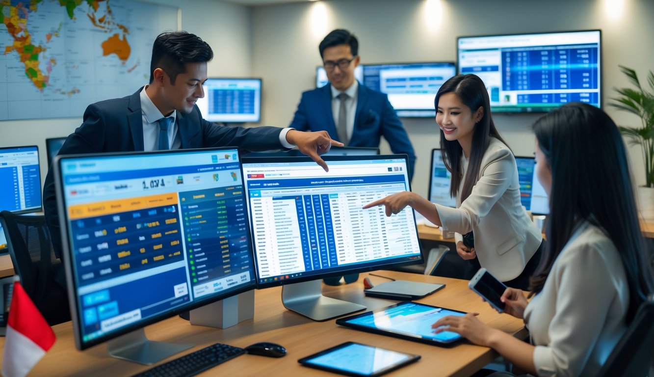 Beberapa orang sedang menggunakan komputer untuk taruhan pacuan kuda online di sebuah kantor modern.