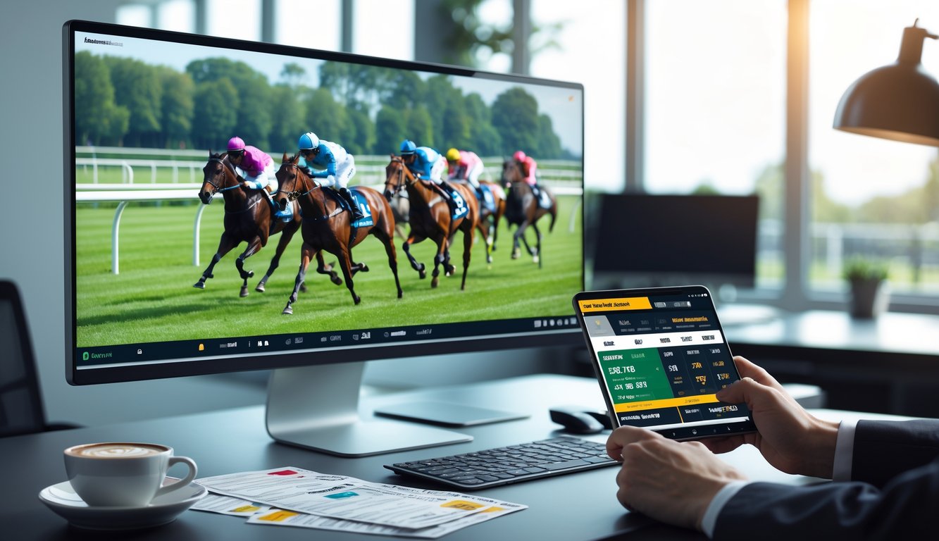 Seorang pria bekerja di depan komputer yang menampilkan siaran langsung balapan kuda dengan beberapa kuda dan joki yang sedang berlomba di lintasan pacuan.