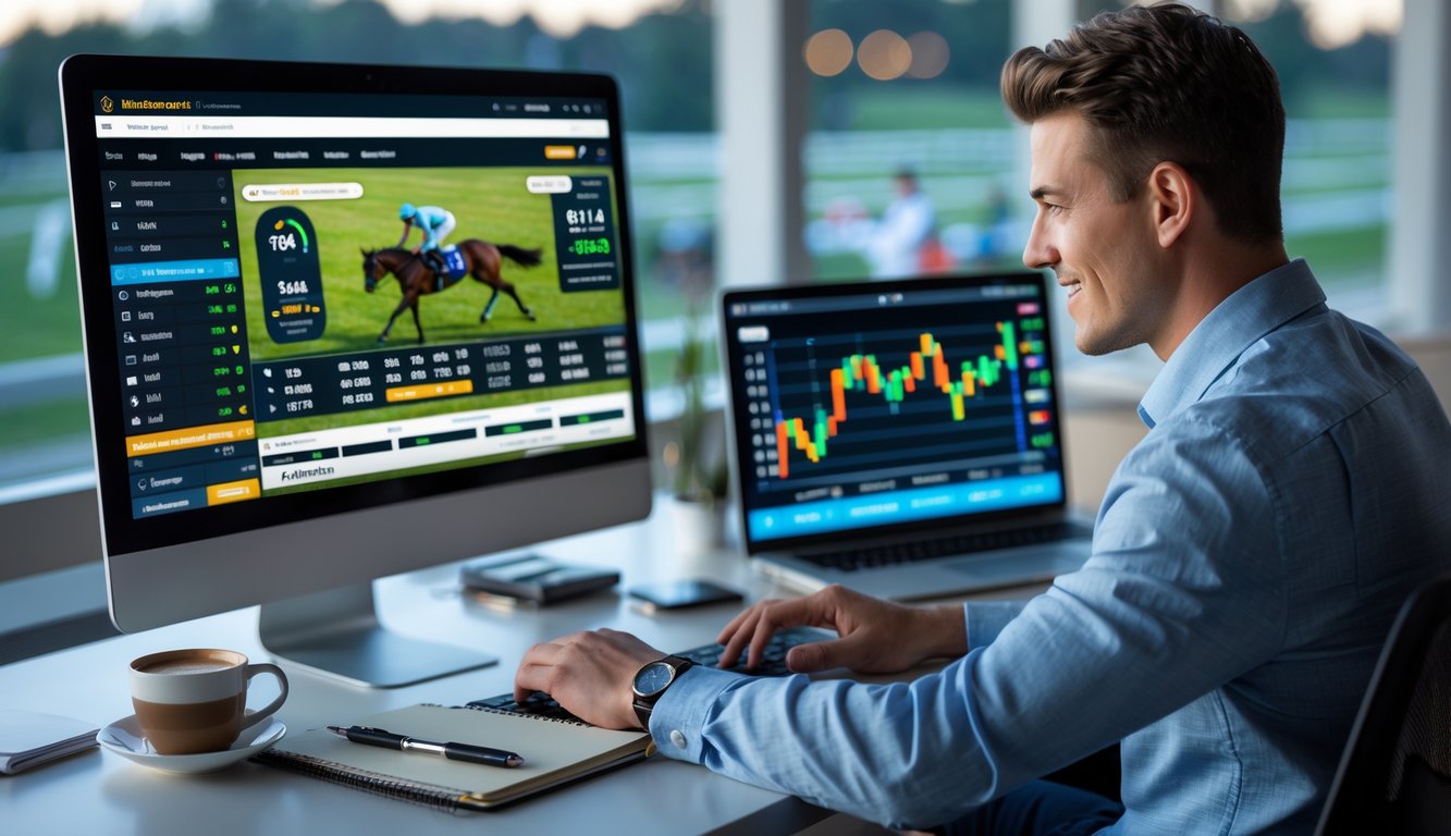 Seorang pria muda duduk di depan komputer dan laptop, fokus pada layar yang menampilkan antarmuka taruhan pacuan kuda online.