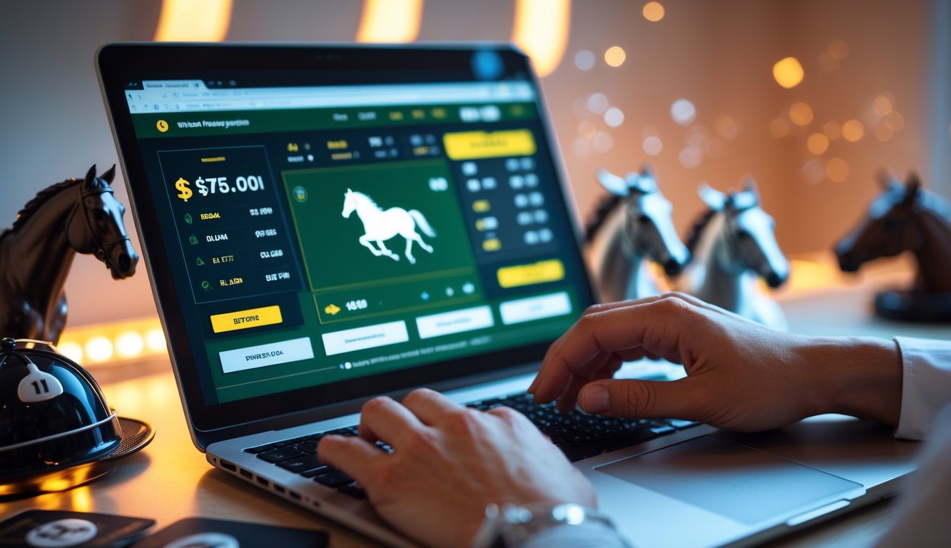 Seseorang menggunakan laptop yang menampilkan situs taruhan pacuan kuda online dengan suasana profesional dan elemen yang menunjukkan bonus dan taruhan pacuan kuda.
