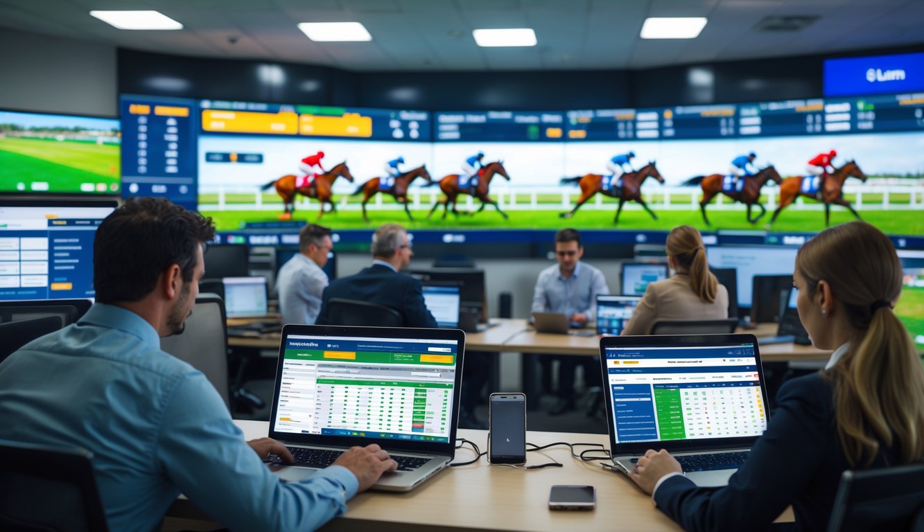 Orang-orang menggunakan laptop dan ponsel di kantor modern dengan layar besar menampilkan balapan kuda dan data taruhan secara real-time.