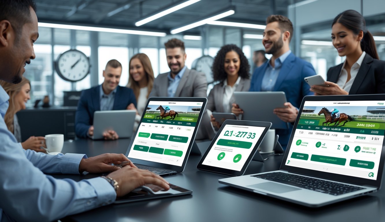 Orang-orang menggunakan perangkat digital untuk bertaruh pacuan kuda secara online dalam suasana kantor modern dengan jam yang menunjukkan layanan 24 jam.