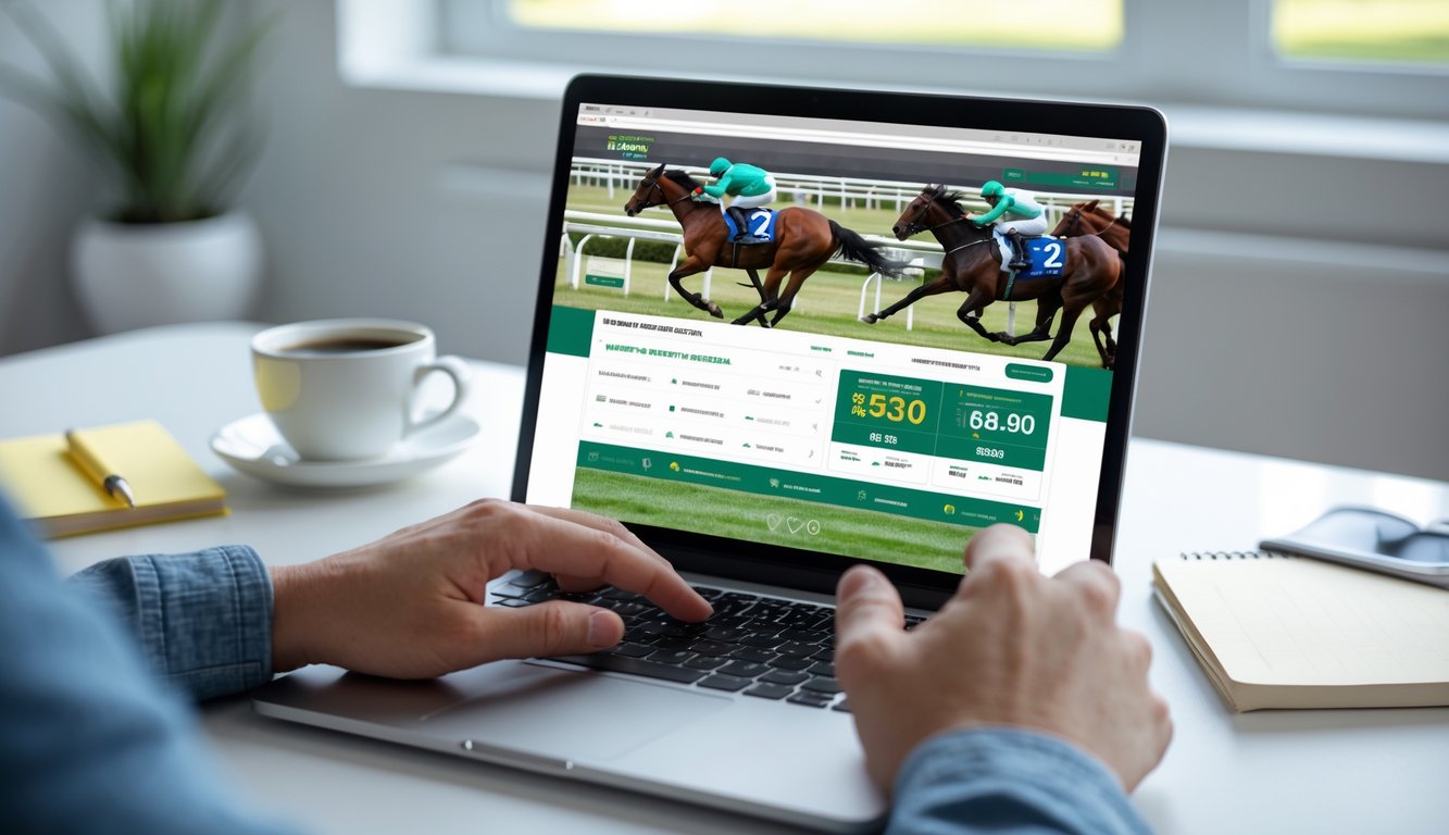 Seseorang menggunakan laptop atau ponsel untuk memasang taruhan pacuan kuda secara online di ruangan yang terang dan nyaman.