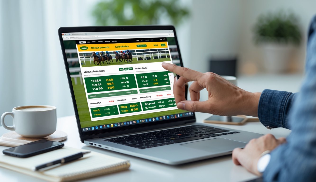 Seseorang menggunakan laptop di meja kerja untuk memasang taruhan pacuan kuda secara online dengan suasana yang nyaman dan profesional.