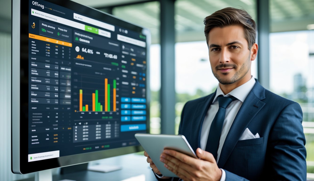 Seorang pria bisnis percaya diri di kantor modern sedang menganalisis data pacuan kuda pada layar digital besar.