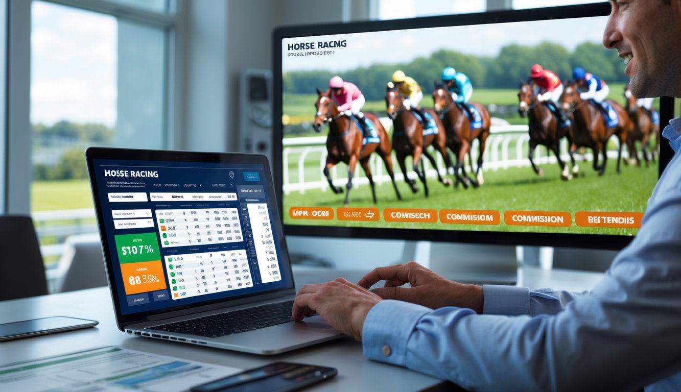 Seorang pria menggunakan laptop untuk memasang taruhan pacuan kuda online dengan layar besar menampilkan balapan kuda di latar belakang.