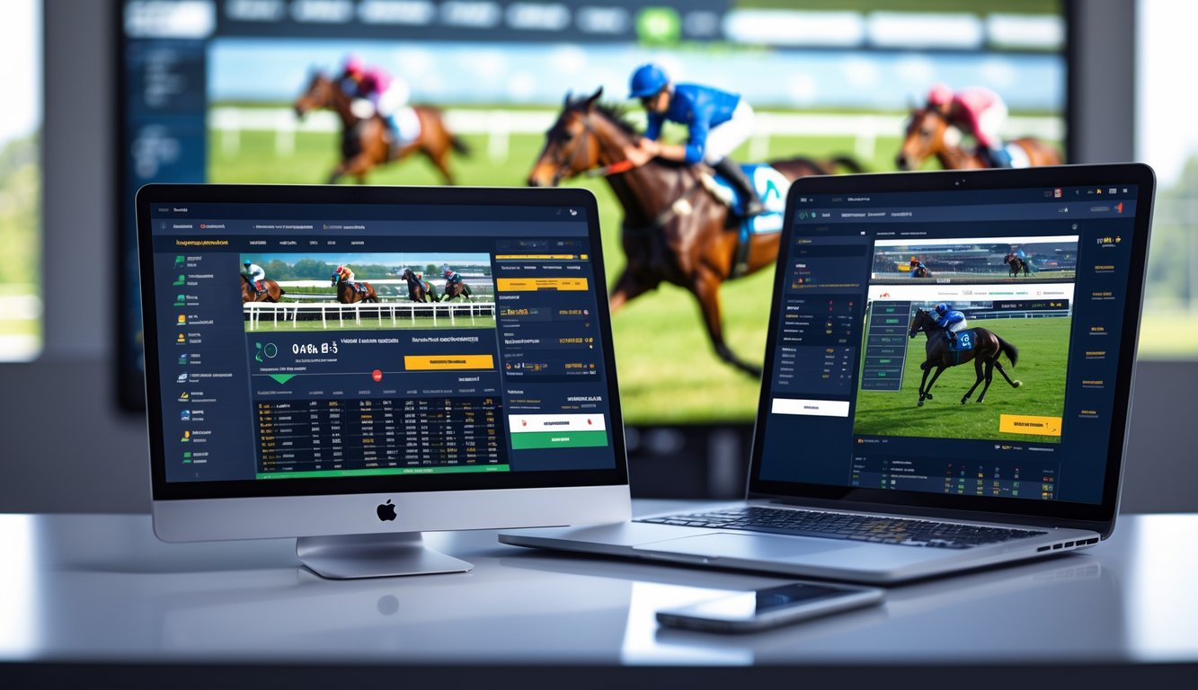 Beberapa perangkat elektronik seperti laptop, ponsel, dan tablet yang menampilkan situs taruhan pacuan kuda online dengan latar belakang layar besar menampilkan balapan kuda.