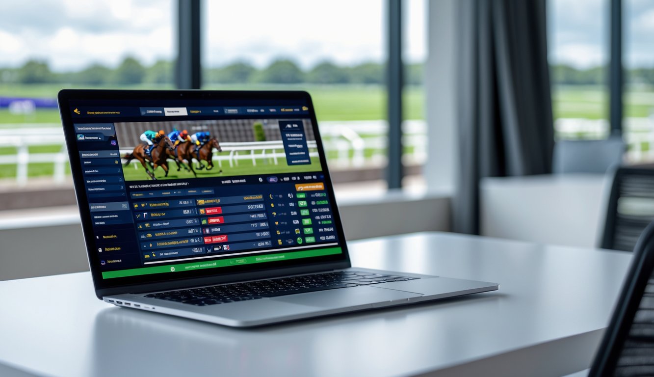 Seseorang menggunakan komputer dengan tampilan taruhan pacuan kuda secara langsung dan hasil yang diperbarui waktu nyata.