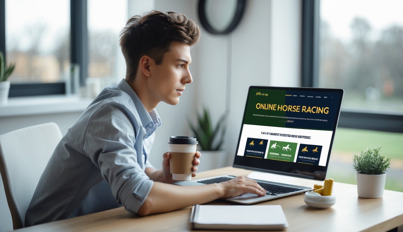 Seorang dewasa muda duduk di meja dengan laptop terbuka, sedang melihat situs taruhan pacuan kuda online dengan suasana ruangan yang terang dan rapi.