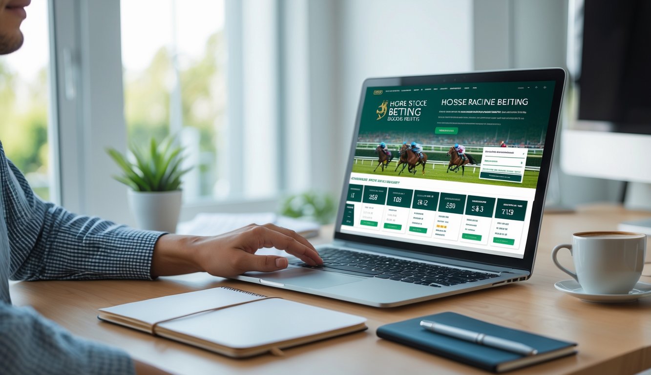 Seseorang duduk di meja dengan laptop membuka situs taruhan pacuan kuda online, terlihat fokus dan serius dalam memilih agen taruhan yang aman.