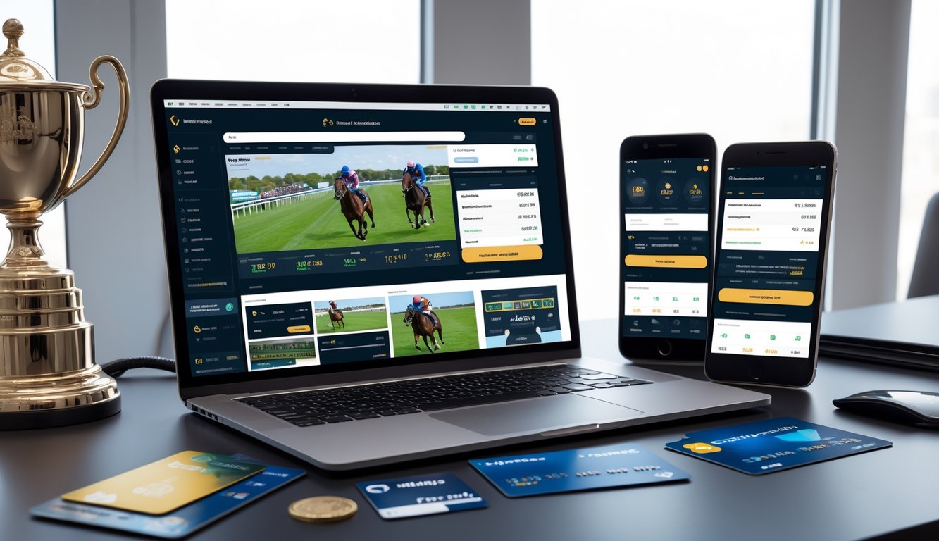 Suasana kerja modern dengan laptop, smartphone, dan tablet yang menampilkan situs taruhan pacuan kuda online, dilengkapi ikon pembayaran digital dan simbol transaksi cepat di atas meja.