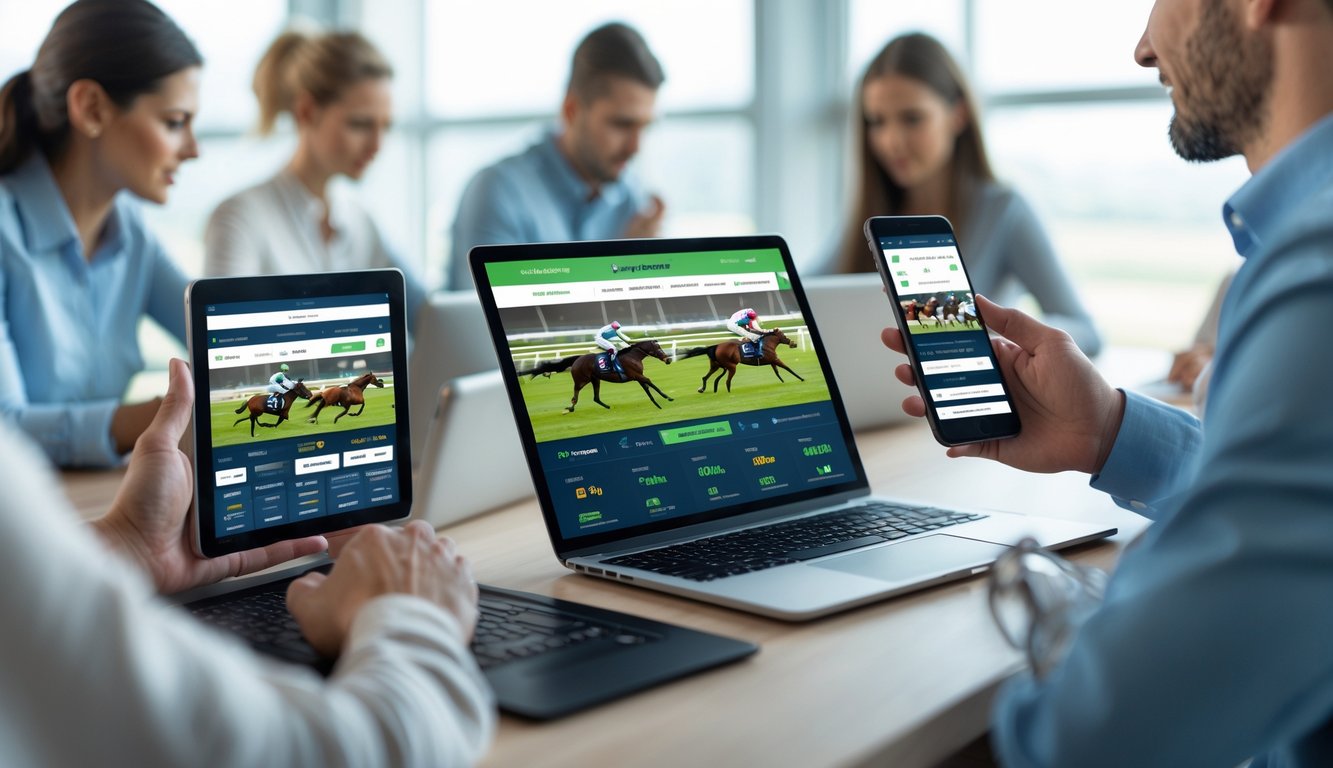 Orang-orang menggunakan perangkat digital untuk memasang taruhan pacuan kuda secara online dengan latar belakang yang menunjukkan kecepatan dan metode pembayaran yang lengkap.