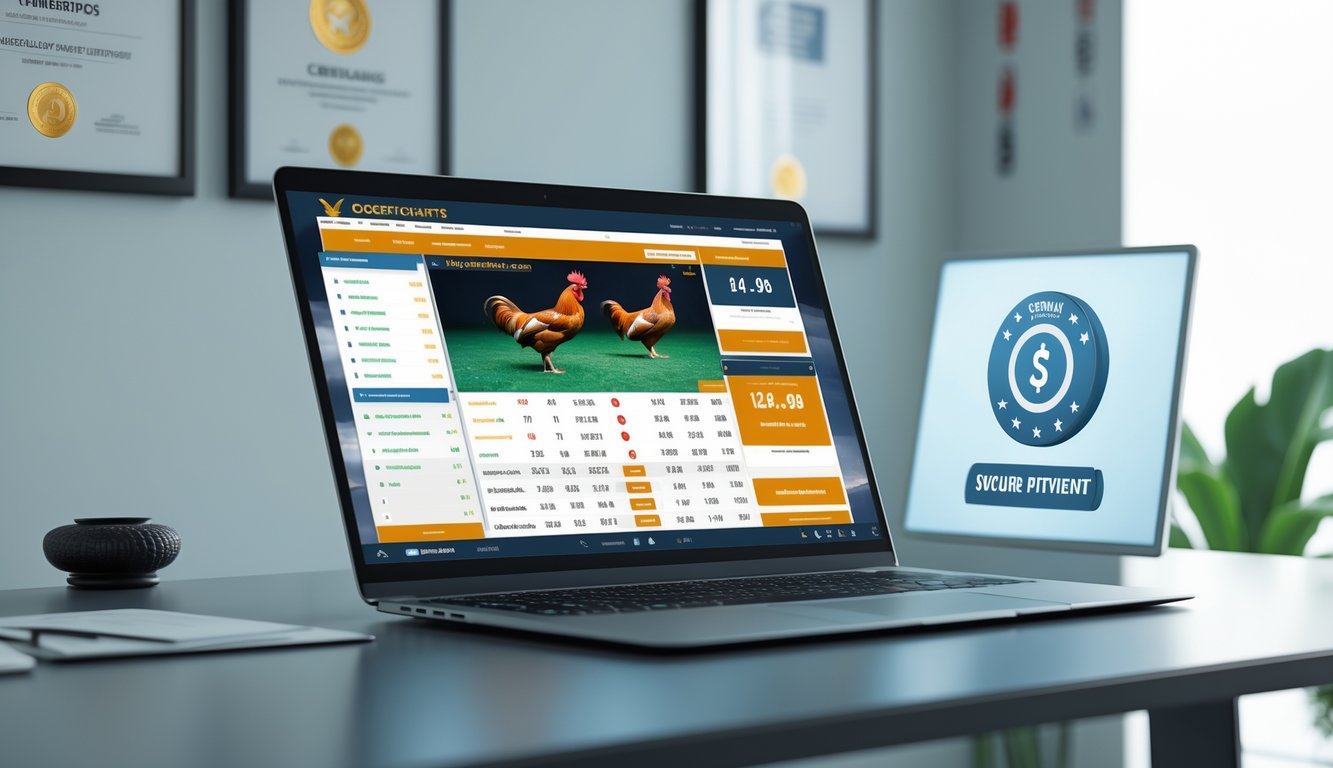 Seorang pria menggunakan laptop di meja kerja dengan tampilan situs taruhan sabung ayam yang resmi dan terpercaya.