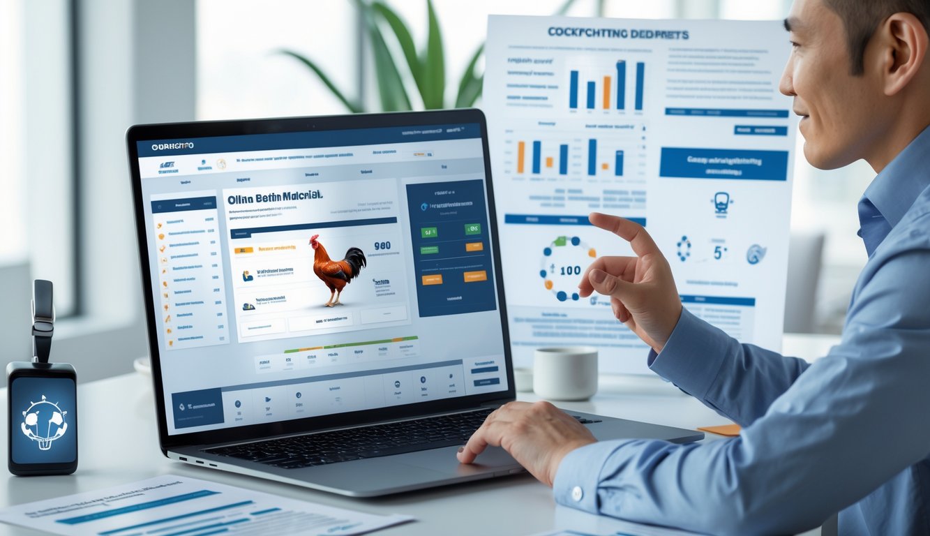 Seorang profesional menggunakan laptop di meja kerja yang rapi dengan tampilan situs taruhan sabung ayam online terpercaya.