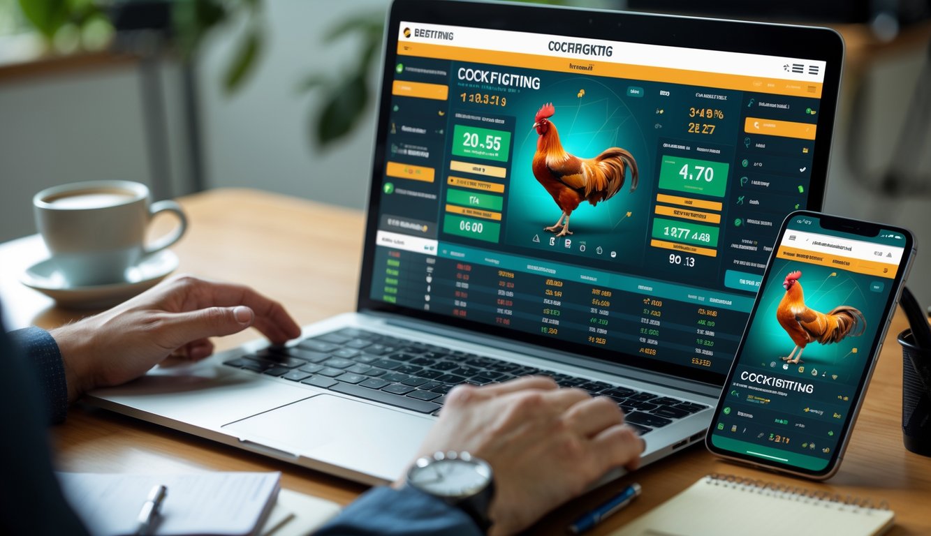 Seorang individu menggunakan laptop dan ponsel untuk aktivitas taruhan online sabung ayam di meja kerja yang rapi.