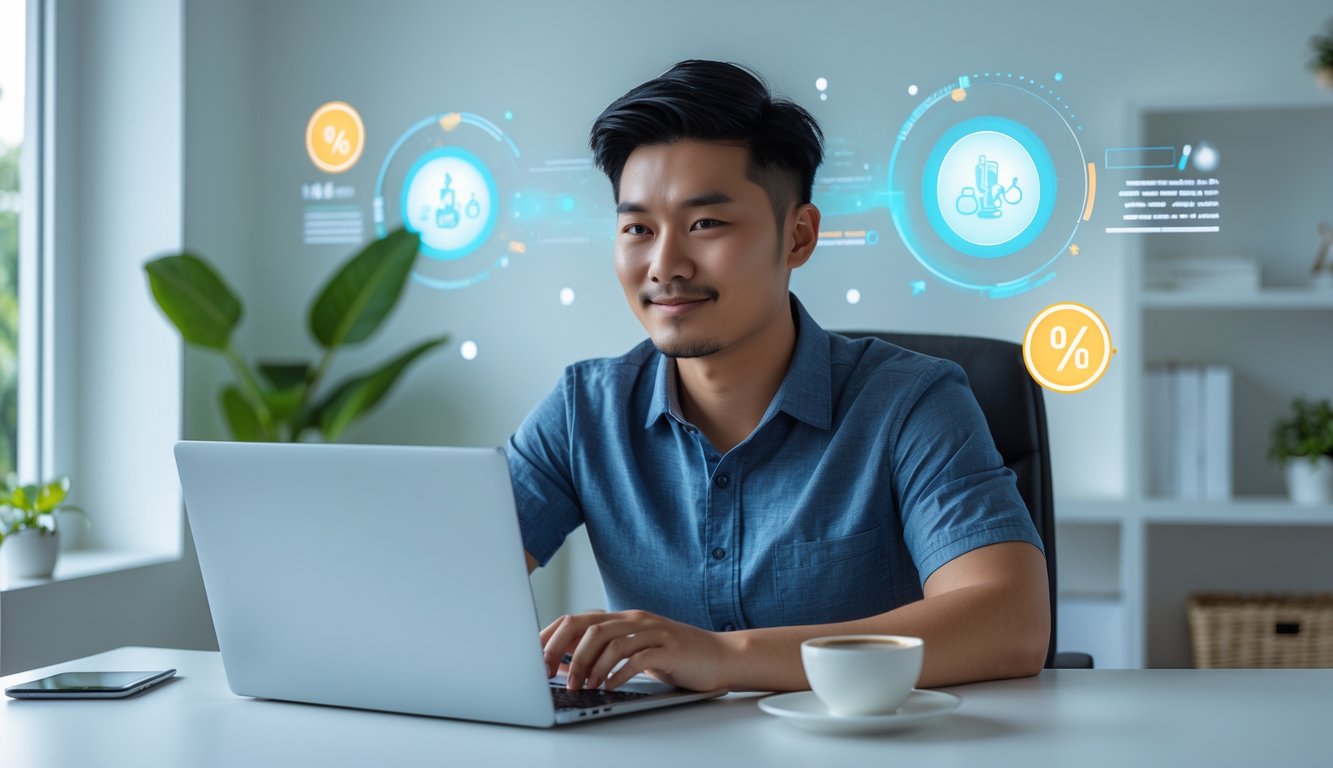 Seorang pria muda duduk di meja dengan laptop di ruang kerja modern, terlihat fokus dan percaya diri saat menggunakan layanan agen sabung ayam online.