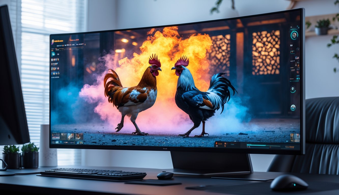 Seorang pengguna sedang menonton pertandingan sabung ayam secara langsung di layar komputer dalam ruangan kerja yang modern dan terang.