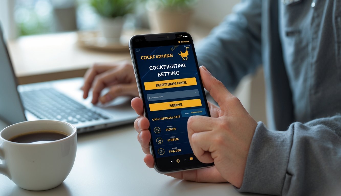 Seseorang menggunakan ponsel pintar untuk mendaftar di platform online di meja dengan laptop dan kopi di latar belakang.