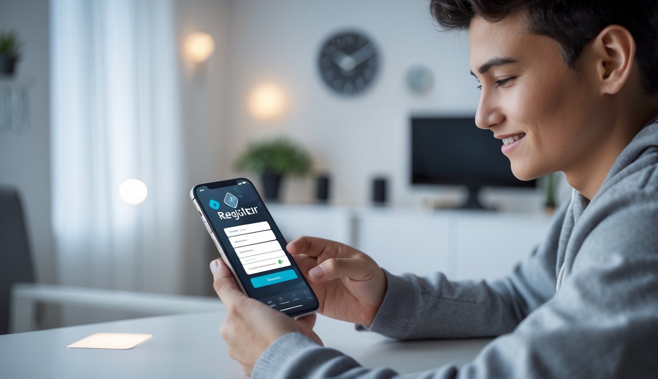 Seorang dewasa muda menggunakan ponsel pintar di dalam ruangan yang terang untuk mendaftar secara online.