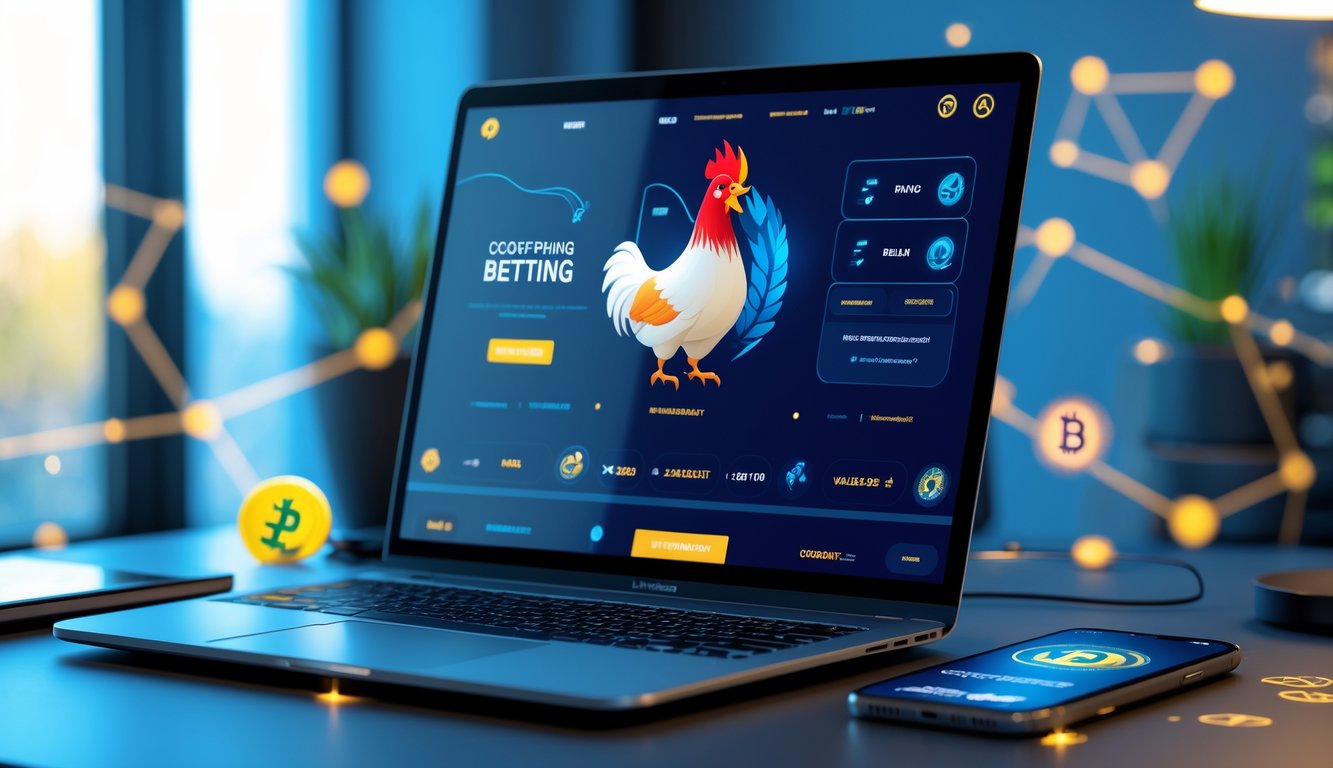 Sebuah meja kerja modern dengan laptop dan ponsel yang menampilkan aplikasi taruhan sabung ayam online dan dompet digital.