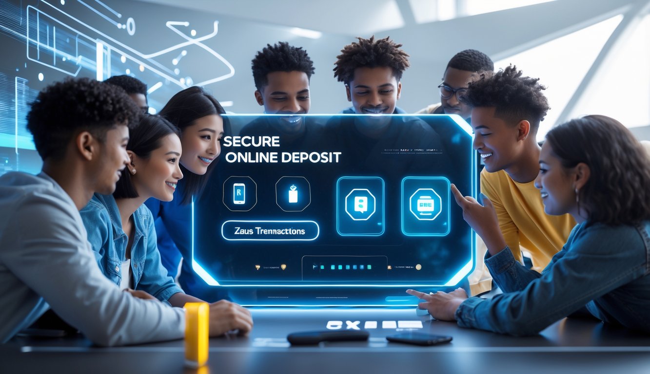 Sekelompok orang muda menggunakan perangkat digital untuk melakukan transaksi deposit pulsa secara online dengan latar belakang teknologi modern.