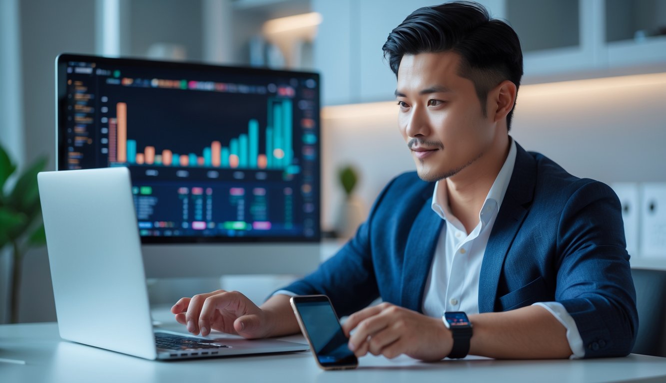 Seorang pria Asia Tenggara duduk di meja dengan laptop dan ponsel, terlihat fokus dan percaya diri di ruang kerja modern.