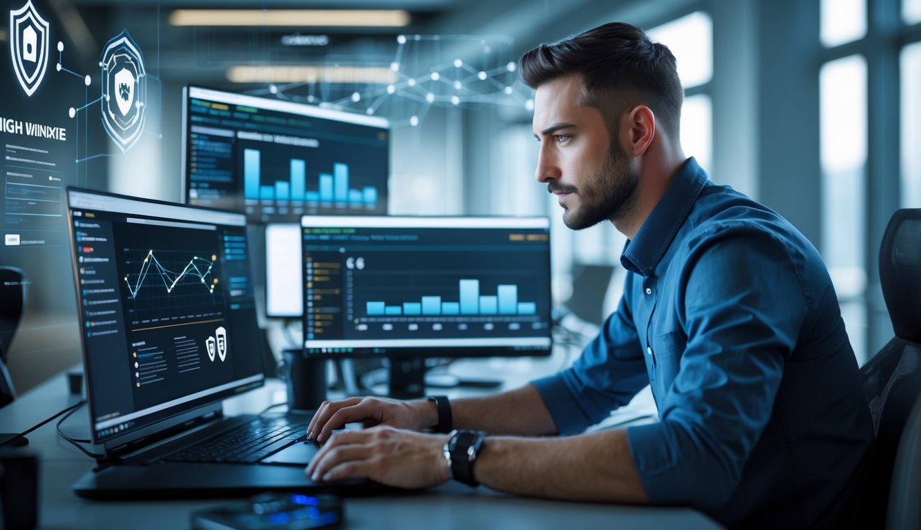 Seorang agen profesional sedang bekerja dengan laptop di kantor modern yang terang, dikelilingi layar dengan grafik dan simbol keamanan digital.