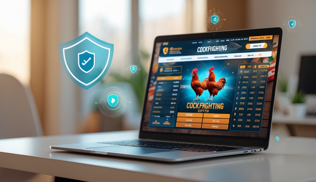 Sebuah laptop di meja dengan tampilan situs taruhan sabung ayam online, di ruang kerja rumah yang nyaman dan terang.