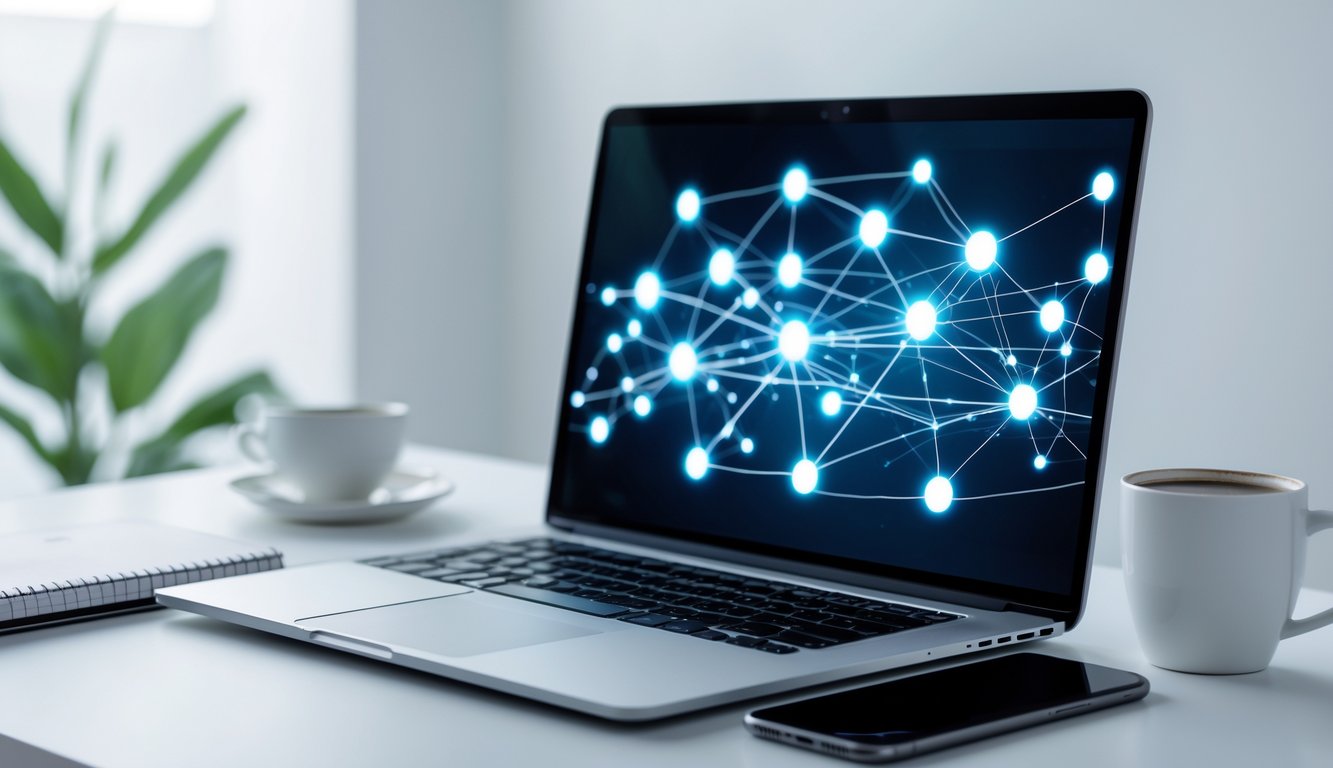 Seorang profesional menggunakan laptop di meja kerja dengan latar belakang minimalis, menampilkan konsep koneksi internet dan akses online.