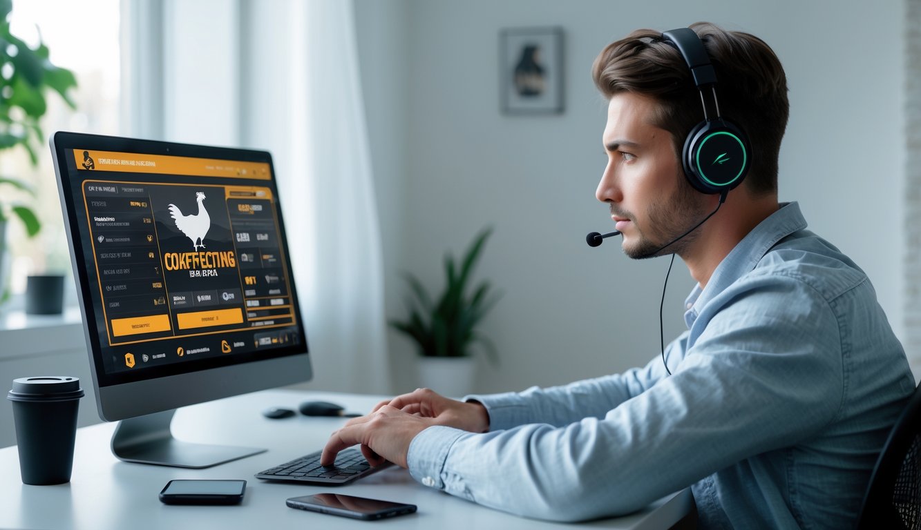 Seorang pria muda duduk di meja dengan laptop, fokus bermain permainan online terkait sabung ayam, di ruang kerja rumah yang rapi dan terang.