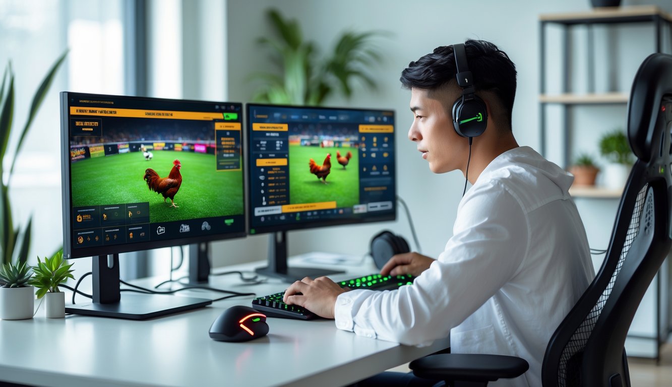 Seorang pria muda duduk di depan komputer dengan beberapa layar yang menampilkan pertandingan sabung ayam dan antarmuka taruhan dalam ruangan yang rapi dan terang.