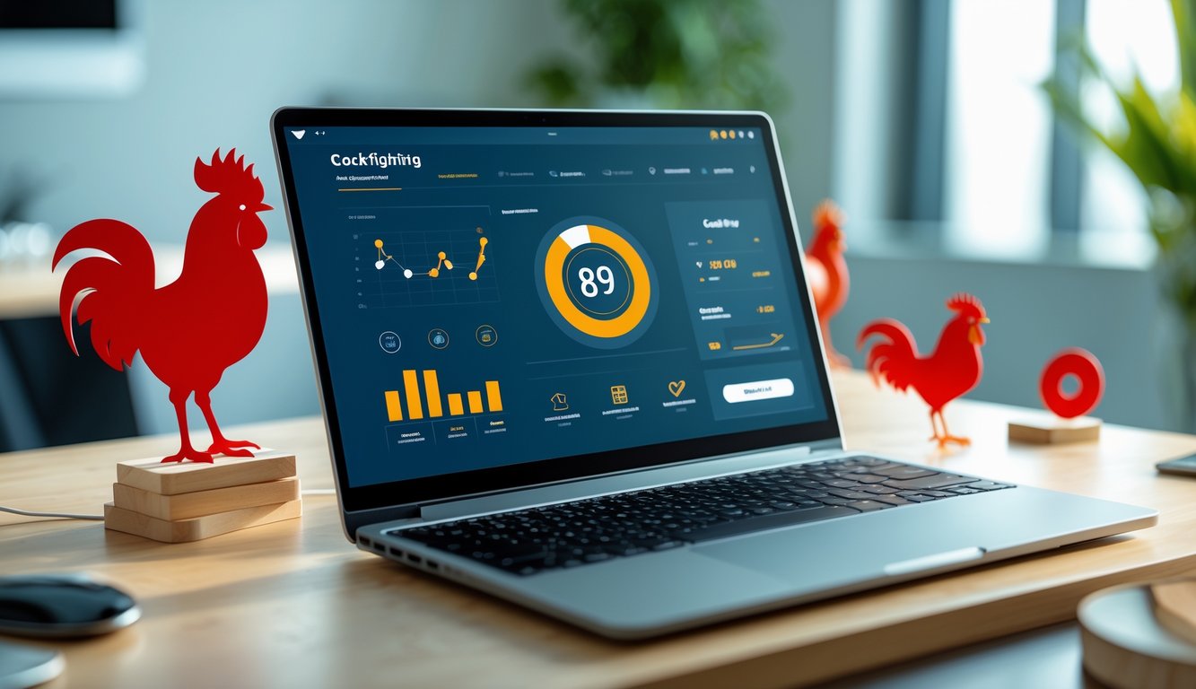 Seorang pengguna sedang melihat platform taruhan online di laptop dengan latar belakang simbol ayam aduan.