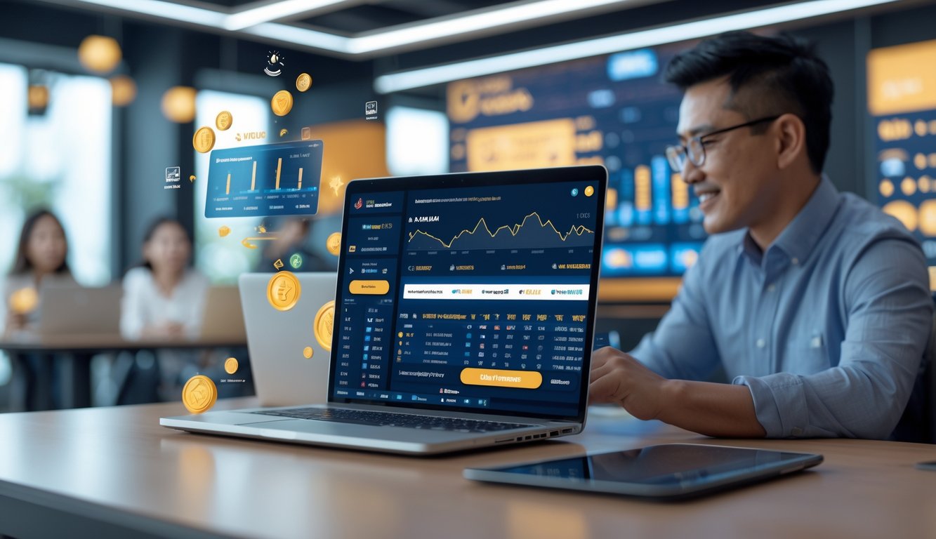 Seorang pengguna laptop di meja kerja modern sedang melihat tampilan sistem taruhan online Sabung Ayam dengan grafik dan data yang jelas.