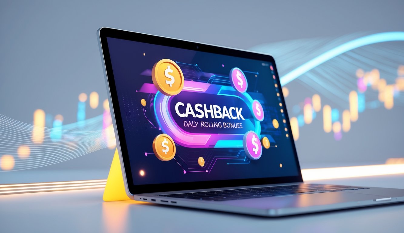 Sebuah laptop atau ponsel pintar menampilkan grafik warna-warni yang menggambarkan promosi online dengan ikon koin dan hadiah, di latar belakang yang bersih dan modern.