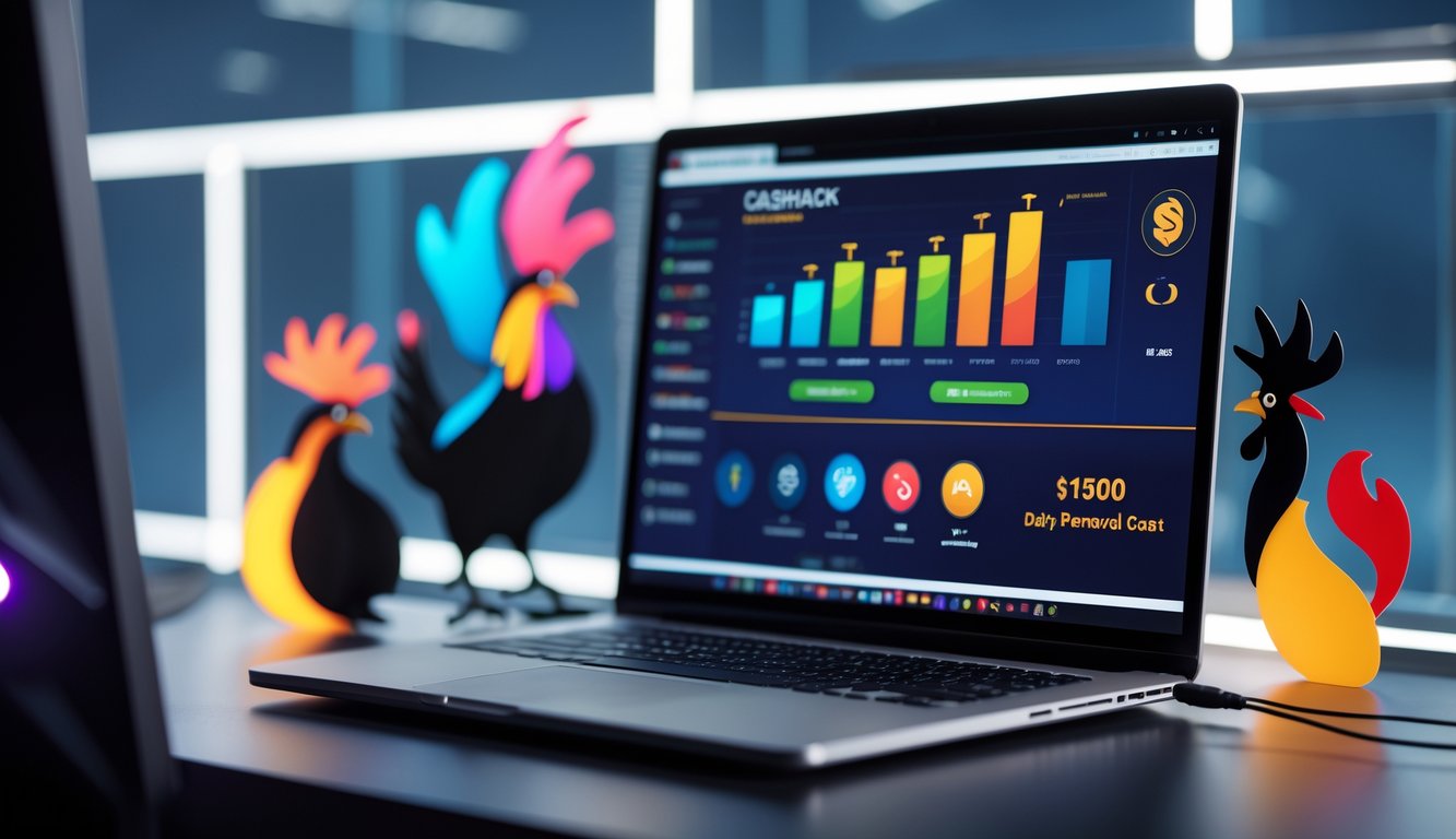 Sebuah meja kerja dengan komputer menampilkan antarmuka promosi online, dengan elemen ayam jago dan suasana modern yang cerah.