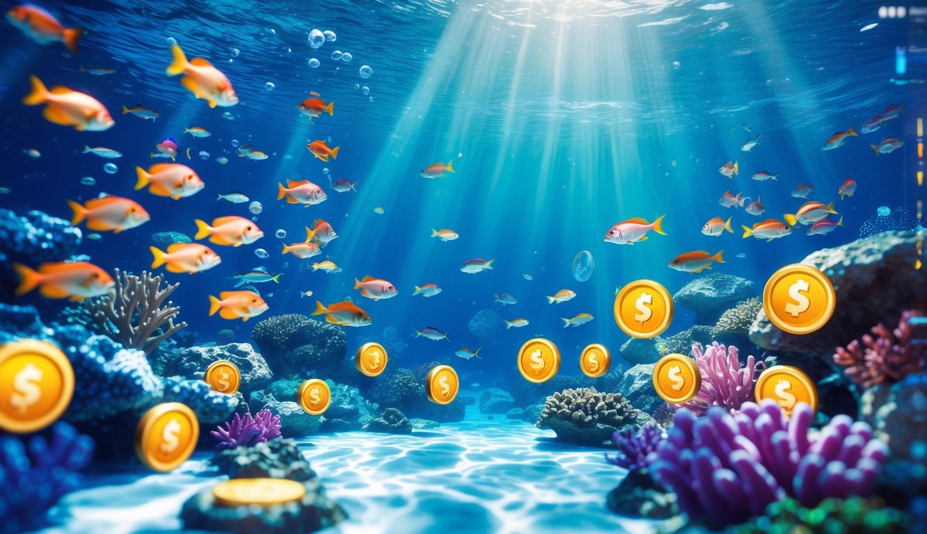 Pemandangan bawah laut dengan ikan berwarna-warni berenang di sekitar terumbu karang dan antarmuka permainan memancing modern dengan koin jackpot dan ikon bonus yang bersinar.