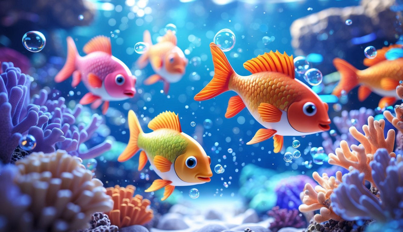 Pemandangan bawah laut dengan ikan berwarna-warni berenang di antara terumbu karang dan gelembung air.