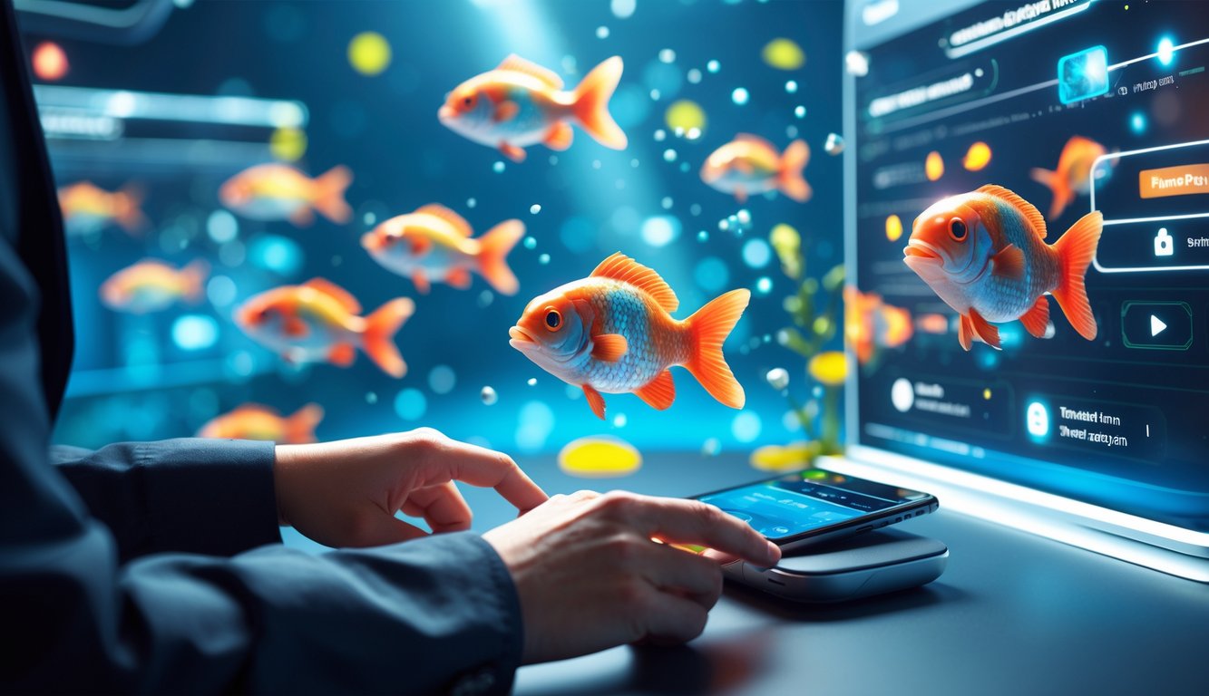 Seseorang menggunakan perangkat touchscreen dengan latar belakang ikan 3D berwarna-warni di lingkungan bawah laut digital.