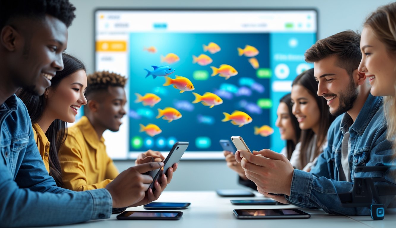 Sekelompok orang muda bermain permainan tembak ikan 3D secara online menggunakan perangkat digital dengan latar belakang simbol transaksi e-wallet.