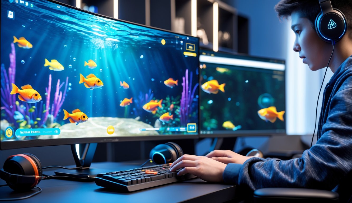 Seorang pemain muda fokus bermain game menembak ikan 3D di komputer dengan latar belakang grafis bawah laut yang berwarna-warni.