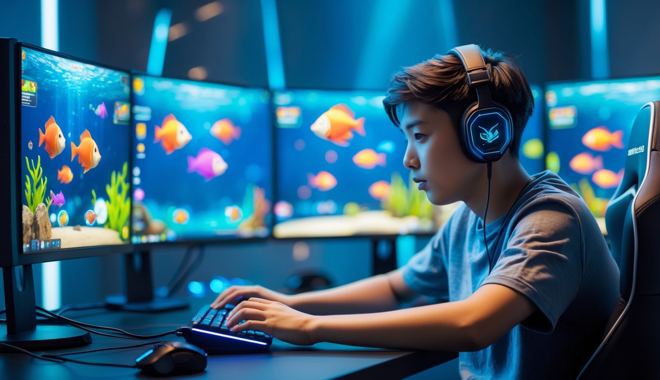Seorang gamer muda sedang bermain game menembak ikan 3D online di komputer dengan layar penuh warna dan latar belakang buram.