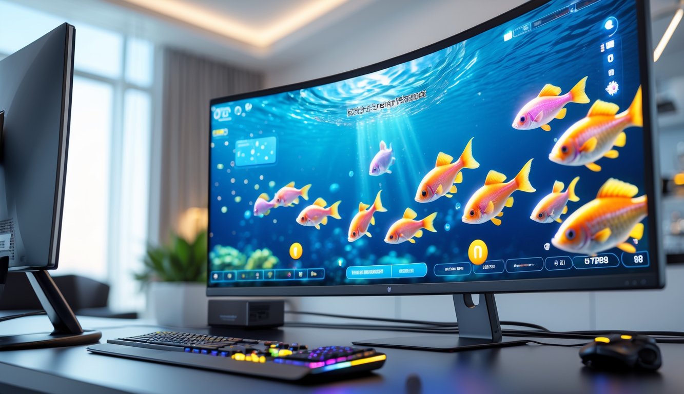 Layar komputer menampilkan permainan menembak ikan 3D dengan ikan berwarna cerah berenang di bawah air, di ruang kerja modern dengan pencahayaan lembut.