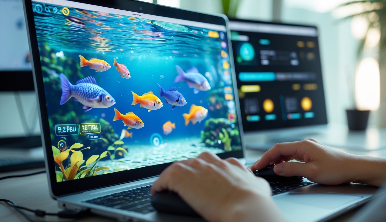 Seorang pengguna sedang bermain permainan tembak ikan 3D di komputer dengan tampilan grafis ikan warna-warni dan elemen koneksi internet stabil di latar belakang.