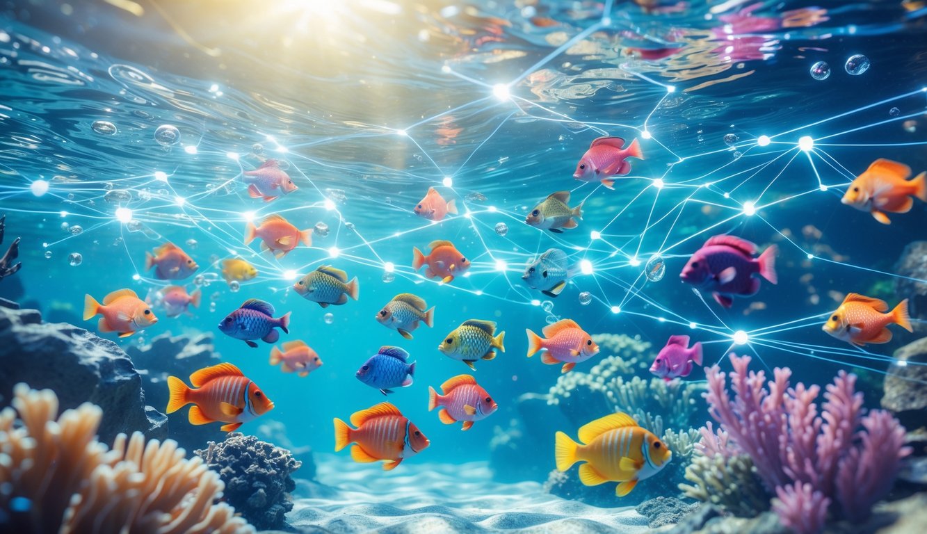 Pemandangan bawah laut dengan ikan warna-warni berenang di air jernih dan terumbu karang.