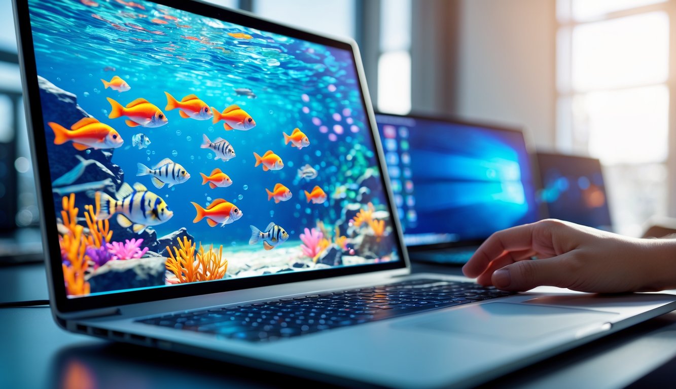 Sebuah layar komputer menampilkan permainan menembak ikan 3D dengan berbagai ikan berwarna-warni di bawah laut, di meja kerja yang modern dan terang.
